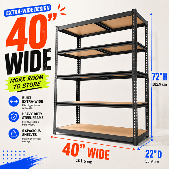 5-Tier Heavy Duty Metal Garage Shelving Unit 40"W 2400LBS Total Capacity