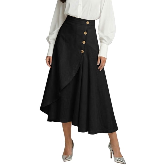 XIAOCHA Women's High Waisted Button-Front Asymmetrical Skirt Wrap-Front Flowy Elegant Office Work Midi Skirt