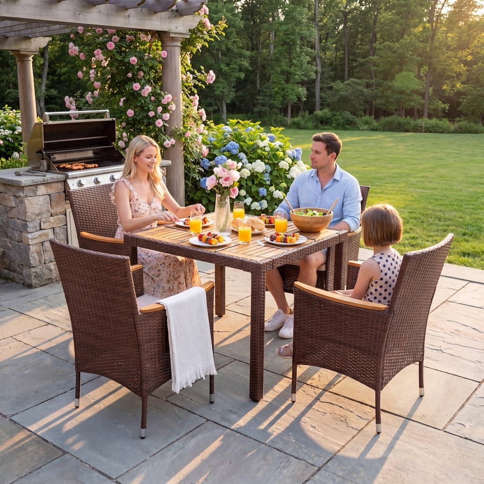 Vineego 5PCS Rattan Outdoor Furniture Set, Acacia Wood Curved Armrest Patio Dining Set with Cushions,Brown
