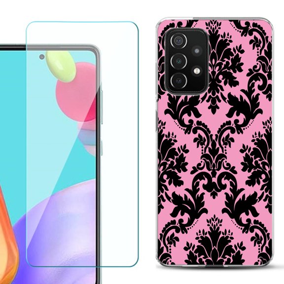 Slim-Fit Flexible Gel TPU Phone Case compatible with Samsung Galaxy A52 5G, with Tempered Glass Screen Protector, by OneToughShield ® - Victorian Pink/Black