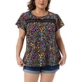 thumbnail image 1 of Blusa de mujer plus size con flores Agnes Orinda, con encaje en el frente, cuello redondo, manga corta, camiseta casual de verano 3X negra, 1 of 8
