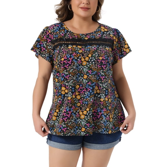 Agnes Orinda Women's Plus Size Floral Top Front Lace Hollow Crew Neck Short Sleeve Blouse Summer Casual Shirt 2X Black