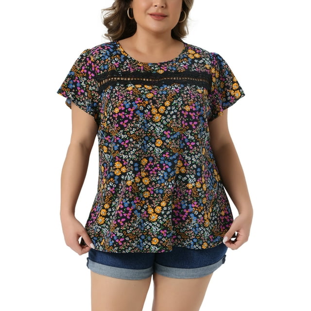Blusa de mujer plus size con flores Agnes Orinda, con encaje en el frente, cuello redondo, manga corta, camiseta casual de verano 3X negra