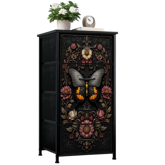 Dresser for Bedroom with 4 Storage Drawers Butterfly Floral Vintage Dark Dressers Chest of Drawers Steel Framed Fabric Closet Organizers for Dorm Entryway