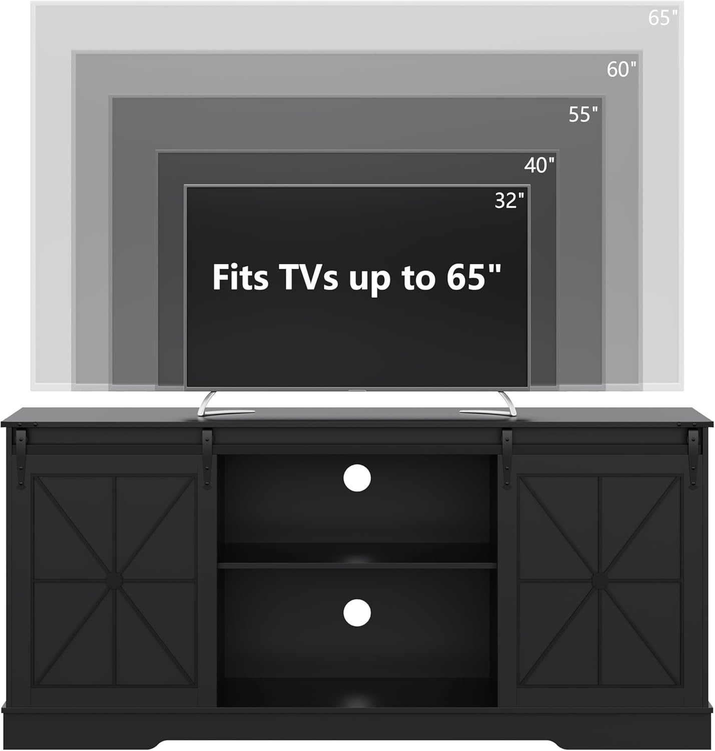 FANRAL Farmhouse TV Stand with Sliding Barn Doors,Rustic Entertainment Center for 65 Inch TV,Media Console with Storage Cabinets & Cable Holes for Living Room,Black TV Stand