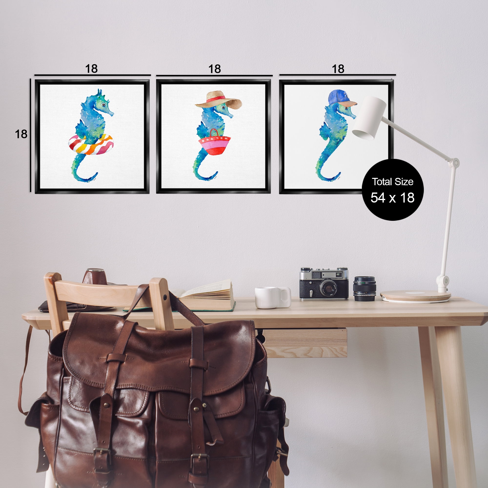 Stupell Industries Fun Beach Ready Seahorses Nautical & Beach Painting Black Floater Framed Canvas Art Print Wall Art, 18 x 18, Set of 3