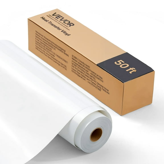 VEVOR Heat Transfer Vinyl, 12 in x 50 ft, Glossy White HTV Iron on Vinyl Roll, Easy to Cut and Weed, Strong Adhesion, Compatible with Cutting Machines, for Various Materials, T-shirts, Pillows, Hats
