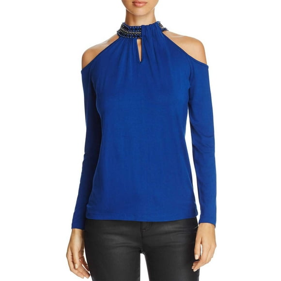 Design History Women’s Embellished Collar Cold-Shoulder Blouse Top, Blue, Medium