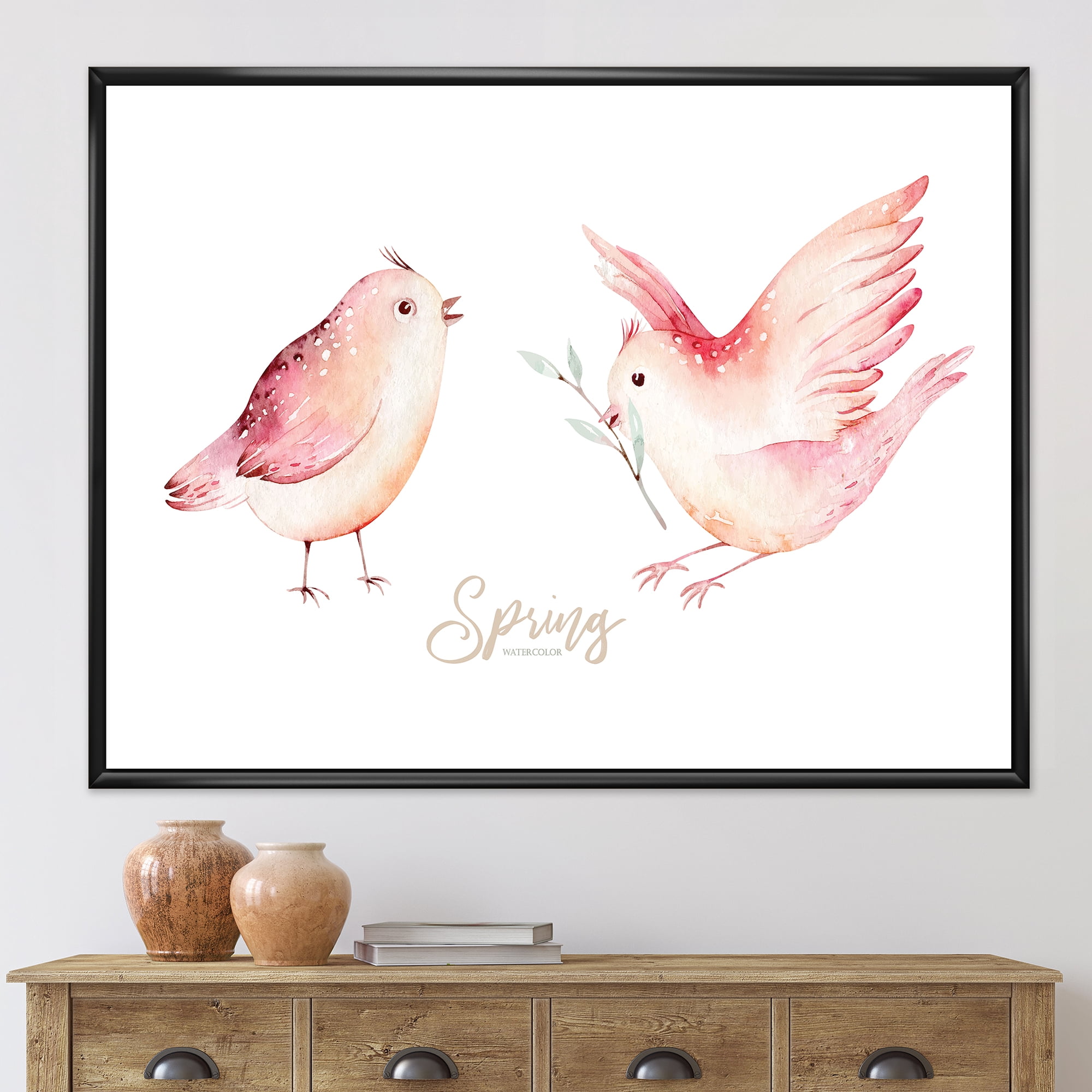 Designart 'Spring Bird With Green Leaves On White' Traditional Framed Canvas Wall Art Print