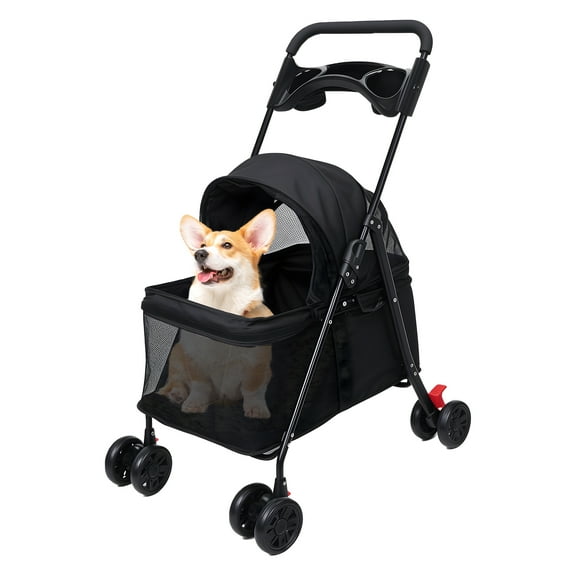 Trendix 4-Wheel Pet Stroller for Medium Small Dogs & Cats, Folding Dog Stroller with Safety Brake, Visible Mesh Window & Cup Holder, Lightweight Travel Carrier, Light Grey