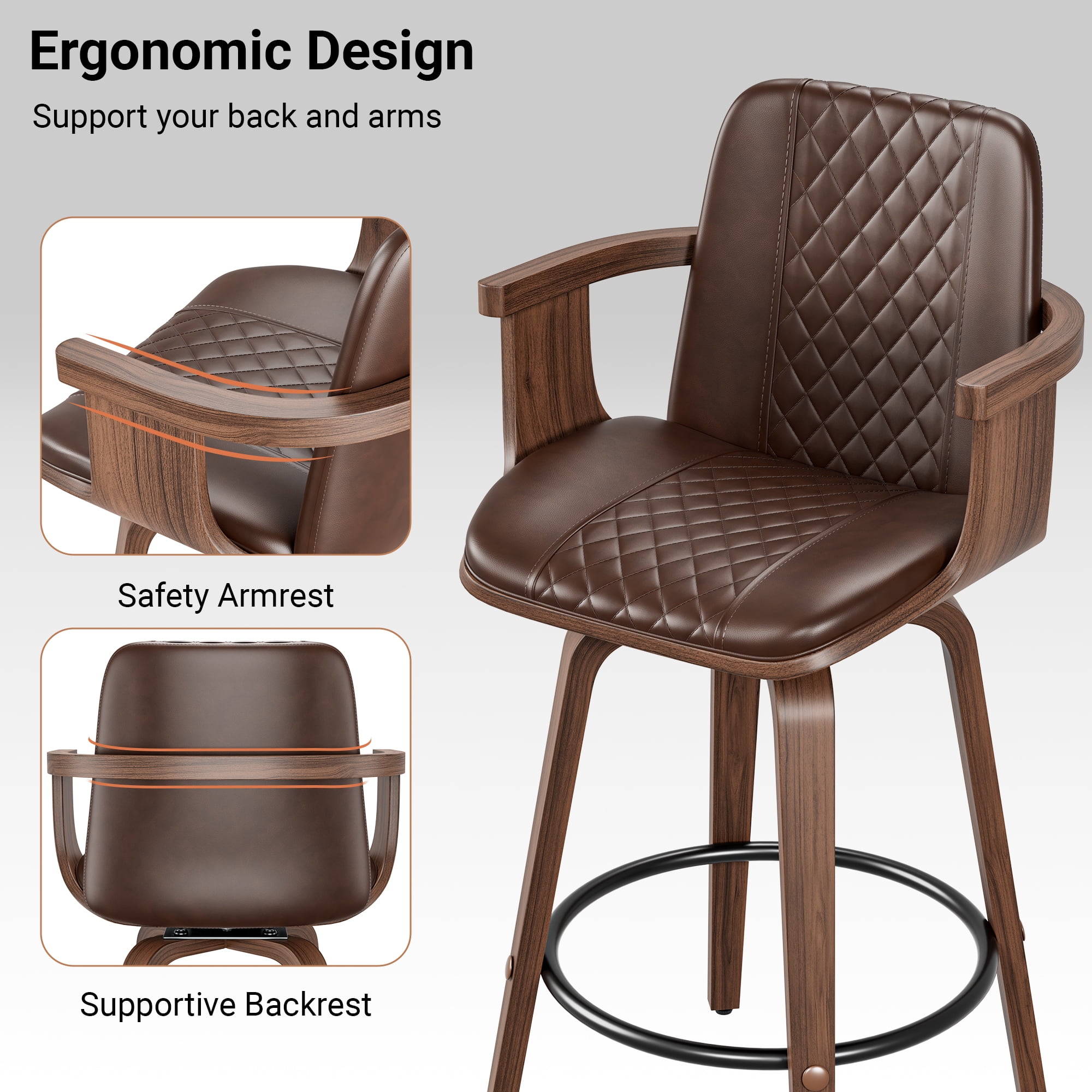 LainTene Bar Stools Set of 4, 26" Bentwood Barstools with Arms High Back, Mid-Century Modern Counter Height Swivel Bar Chairs for Kitchen Island
