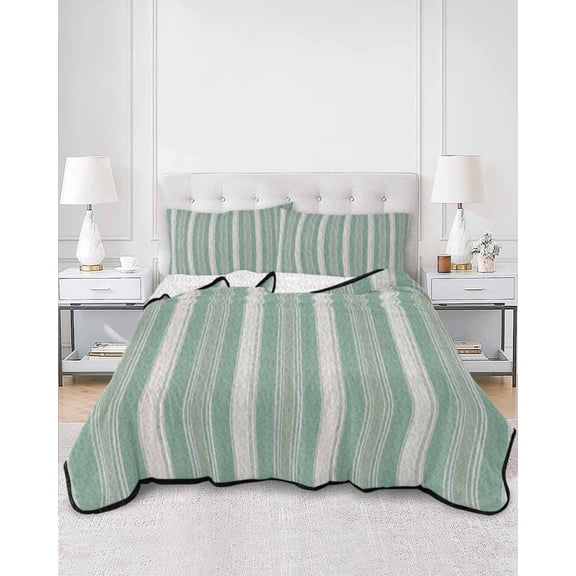 Quilts King Size, Sage Green Stripes Soft Comforter Bedding Set for Bed, Farmhouse Striped Modern Abstract Art Lightweight Quilted Bedspread with Pillow Cover(2 Pieces) for All Season, 96x106 Inch