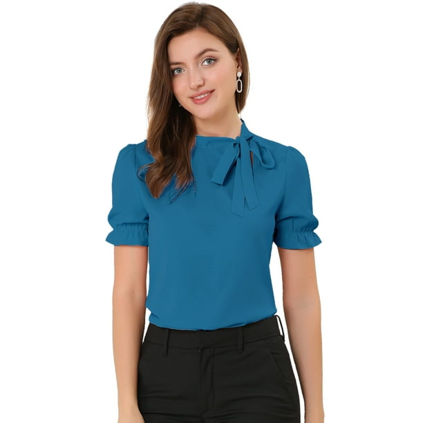 Top Elegante De BluDe ManCorDe OficiDe Las Camisas Del Cuello De PajariDe Las Mujeres Azul eléctrico XS