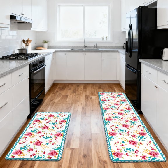 Flannel Kitchen Rug Set with Sponge Mat, Non-Slip Washable Floral Design for Spring Summer Decor