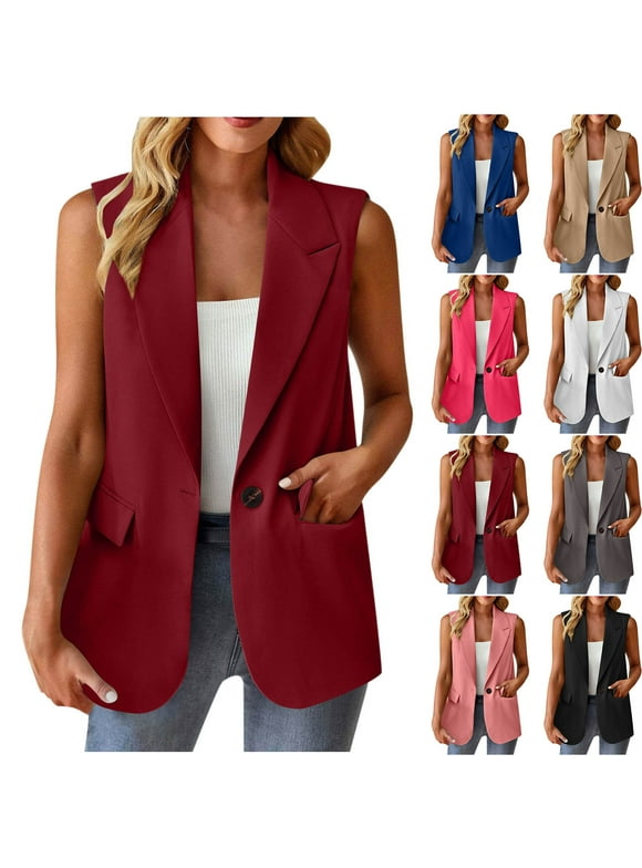 Sleeveless Vest Blazer Women Casual Open Front Single Button Cardigan Vests Dressy Notch Collar Jackets Outwear with Pockets Blue,XXXL