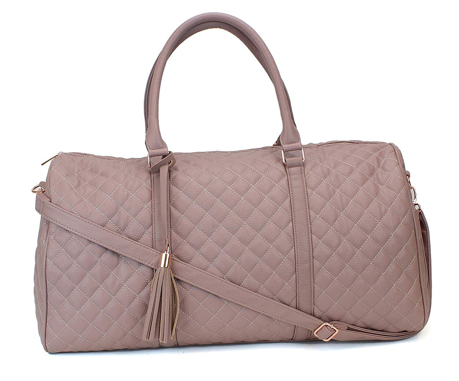 Women's Quilted Leather Weekender Travel Duffel Bag With Rose Gold