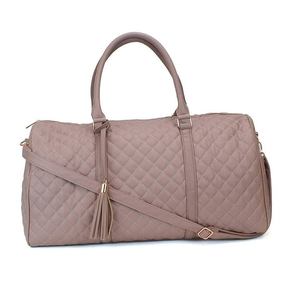 Women's Quilted Leather Weekender Travel Duffel Bag With Rose Gold Hardware - Large 22" Size - Cute Satin Inner Lining - Mauve