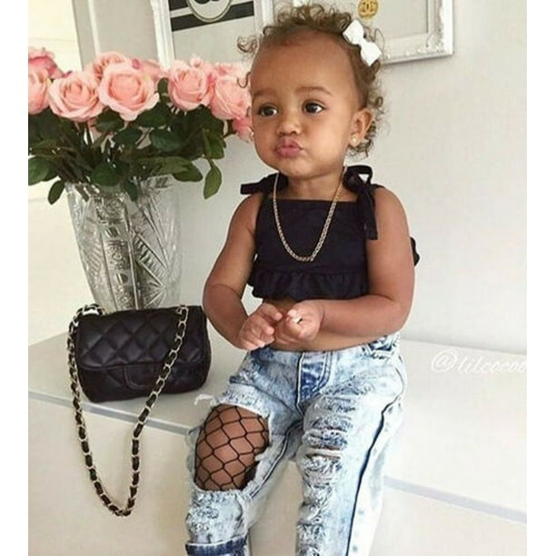 Toddler Kids Baby Girls Vest Tops + Ripped Fish Net Jeans Pants Outfits  Summer Clothes