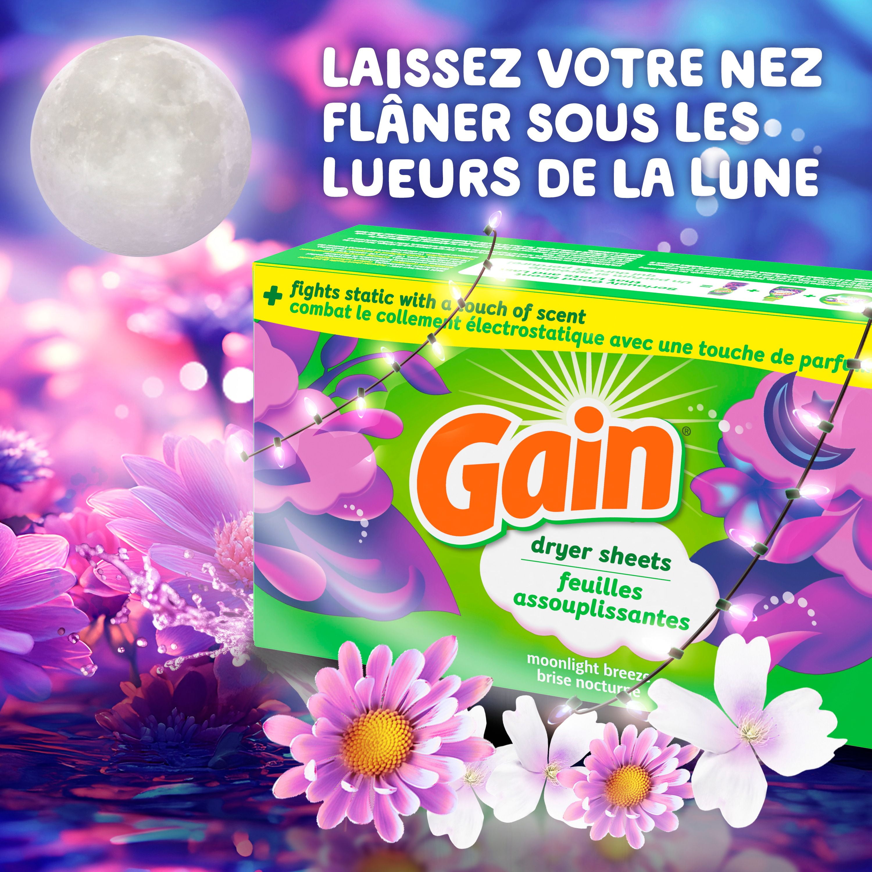 Feuilles assouplissantes Gain, combat le collement électrostatique avec un soupçon de parfum, feuilles pour la lessive, parfum Brise nocturne 200CT