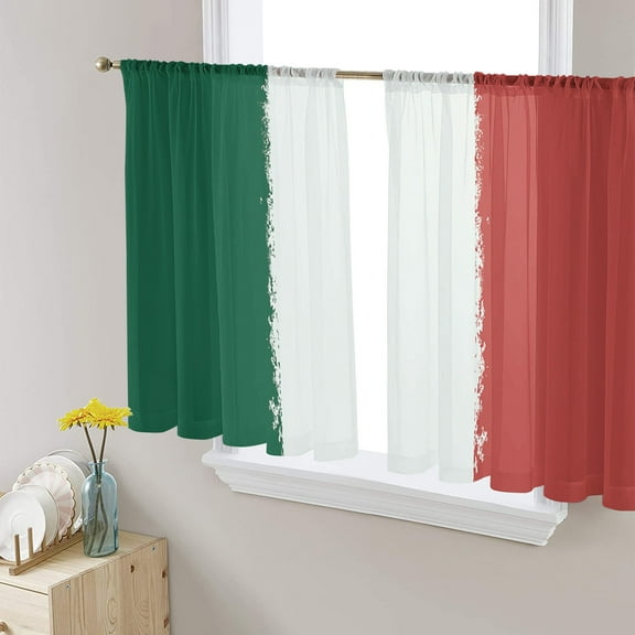 Mexican Flag Shabby Semi Sheer Curtains 45 Inch Length 2 Panels Set, Green White Red Stripes Sheer Kitchen Curtain Privacy Voile Window Curtain for Living Room Bedroom Rod Pocket Drapes