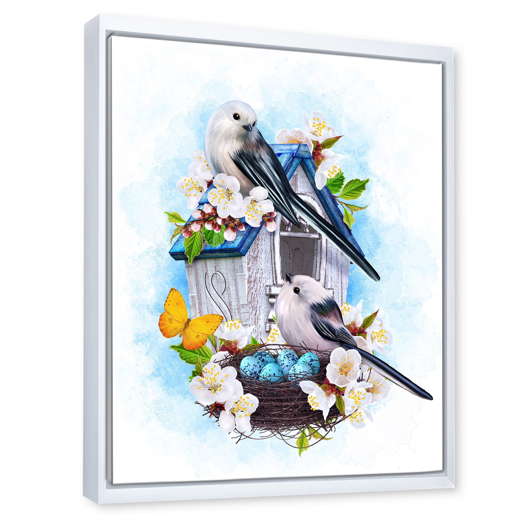 Designart 'Two Tit Birds Sitting Near The Nest With Eggs and White Flowers II' Traditional Framed Canvas Wall Art Print