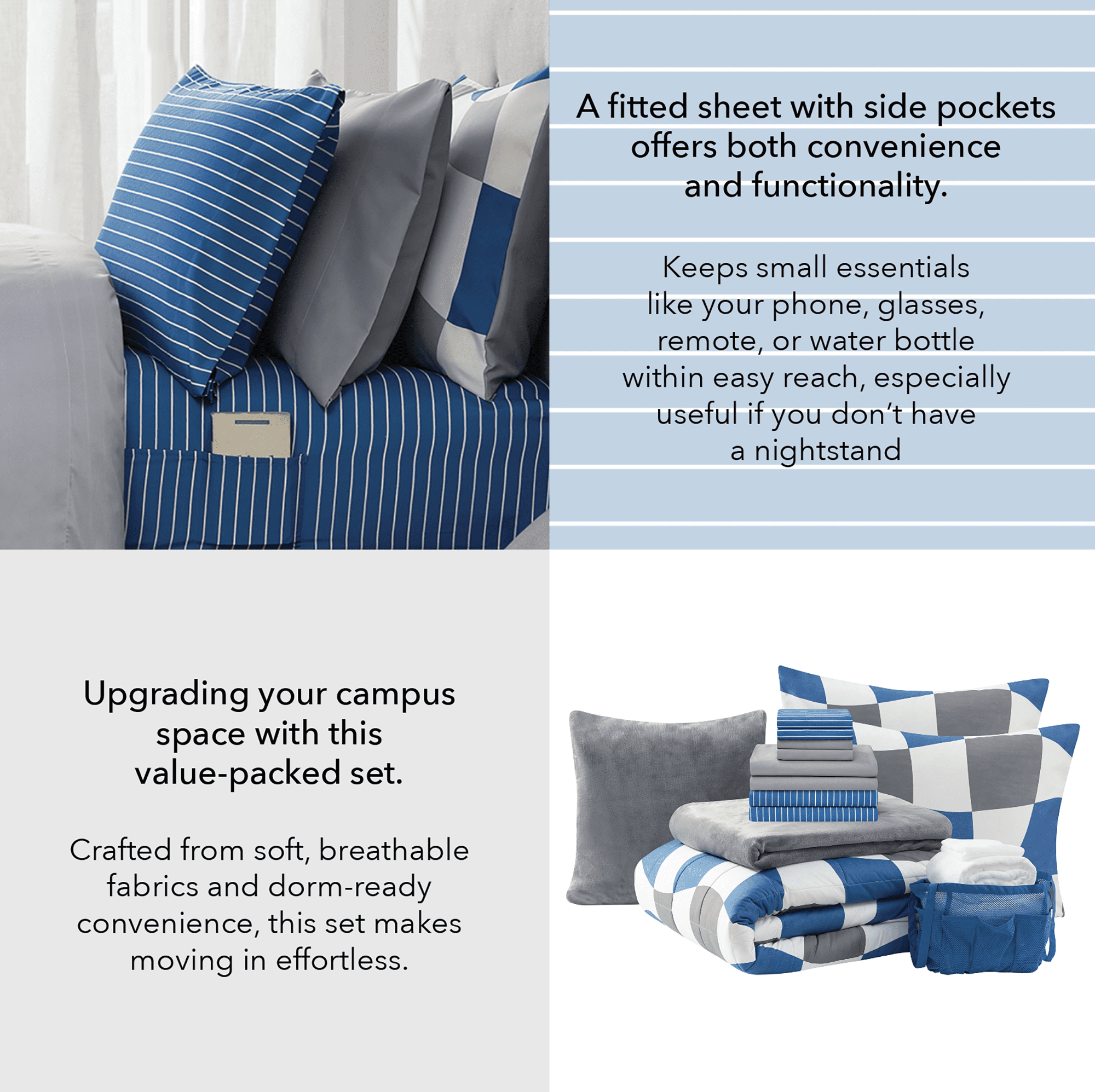 17pc College Dorm Essentials Bundle, Full, Reversible Bed in a Bag Comforter Set, Navy Checker