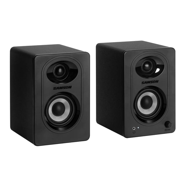 Samson MediaOne M30BT Monitores de estudio Bluetooth de 3 pulgadas con alimentación de 20 W y circuito de refuerzo de graves (par, acabado en vinilo negro)