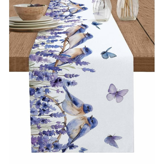 Table Runner Dresser Scarf 13 x 90 Inch Purple Lavender Bird Butterfly Printing Table Runners Non-Slip Heat Kitchen Dining Table Decor for Indoor Outdoor Home Party Decoration