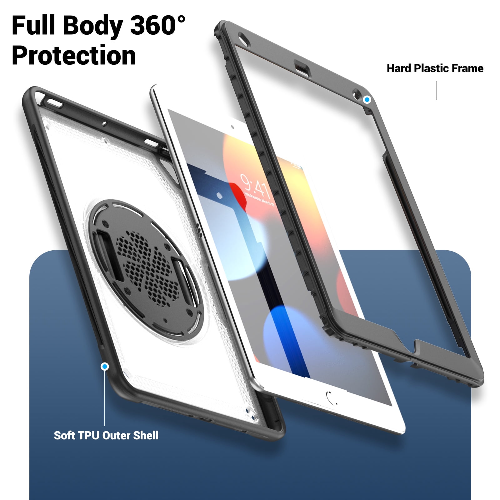 ELEHOLD Case for Apple iPad 10.2 2021/2020/2019 Pro 10.5'2017)(Air 3 10.5 (2019),Soft TPU Rugged Durable Case with 360° Rotating Hand Strap & Foldable Hidden Stand & Pencil Holder,Clear