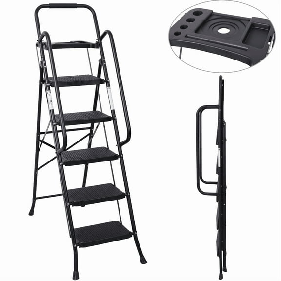 SDJPOI 5 Step Ladder with Handrails Folding Step Stool with Tool Tray, 330 lb Capacity Step Stool with Wide Anti-Slip Pedal, Portable Sturdy Steel Step Ladder for Home Kitchen Shop Office
