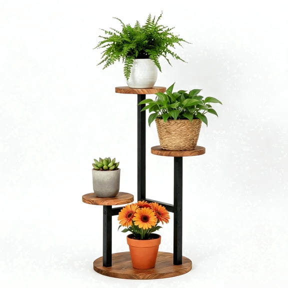 Wondiair 3-Tier Round Plant Stand, 21" Rustic Brown Carbonized Wood Plant Shelf with Sturdy Metal Frame, for Indoor Outdoor Patio, Balcony & Living Room