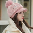 thumbnail image 2 of qolati Womens Winter Plush Beanie Hat with Brims Cute Warm Baseball Cap Snow Ski Skull Caps with Fuax Furs Pompom, 2 of 2