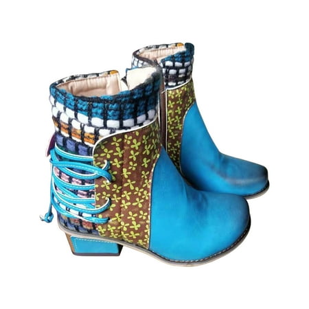 

Fesfesfes Chelsea Boots for Teen Girls Oversized Short Winter Thick Ethnic Style Low Heels Multi-color Roman Boots 6(37)