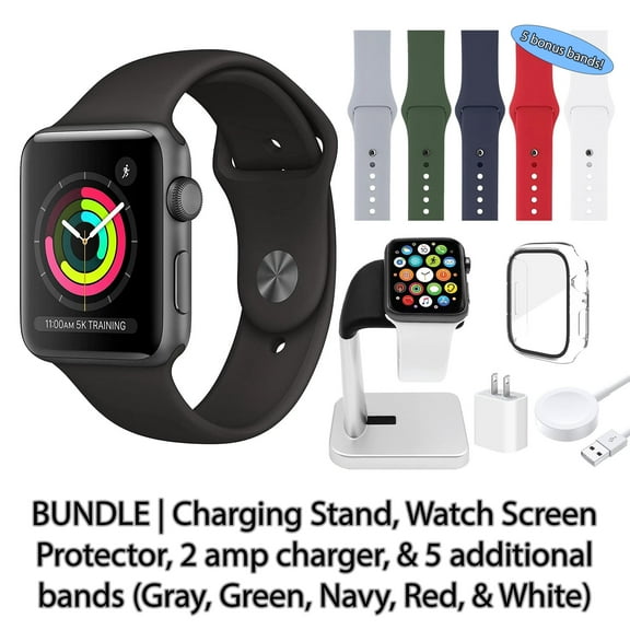 Restored Apple Watch Series 3 (GPS, 38MM) Space Gray Aluminum Case with Black Sport Band Bundle 5 Bonus Bands, Charging Stand, Screen Protector, & 2 amp charger (Refurbished)
