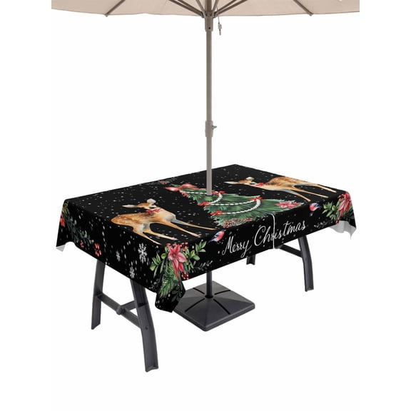 Outdoor Tablecloth with Umbrella Hole and Zipper, Christmas Deer Rectangle Table Cloth 60x102 Inch Waterproof Tablecloth, Winter Xmas Snowflakes Bow Tree Black Picnic Table Cover for Patio Camping