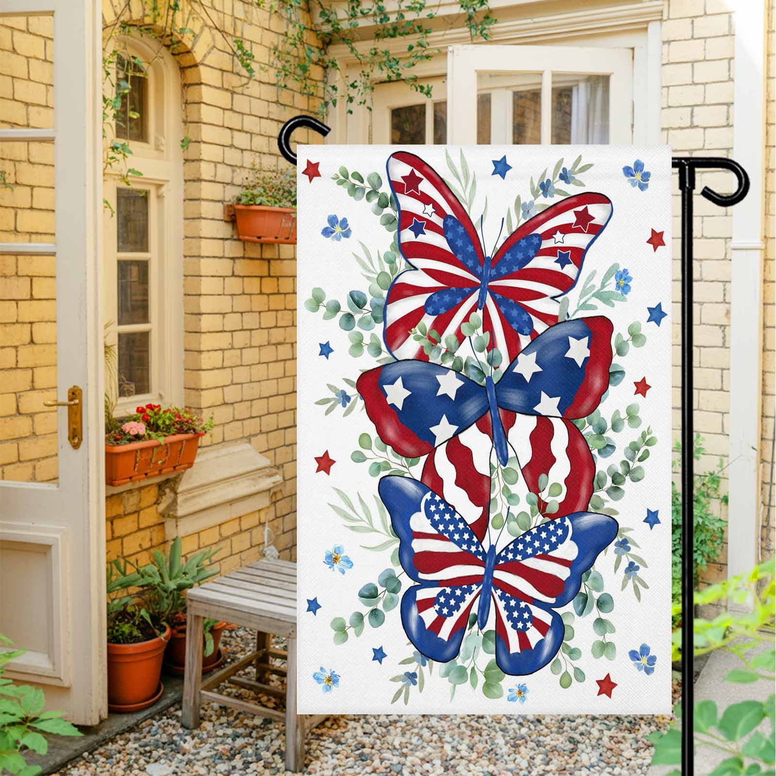 4th of July Garden Flags Patriotic Star Butterfly Garden Flag Double Sided Welcome Flag Eucalyptus Leaves Independence Day Yard Flags for Outdoor Lawn Porch Memorial Day Holiday Decor 28x40 Inch