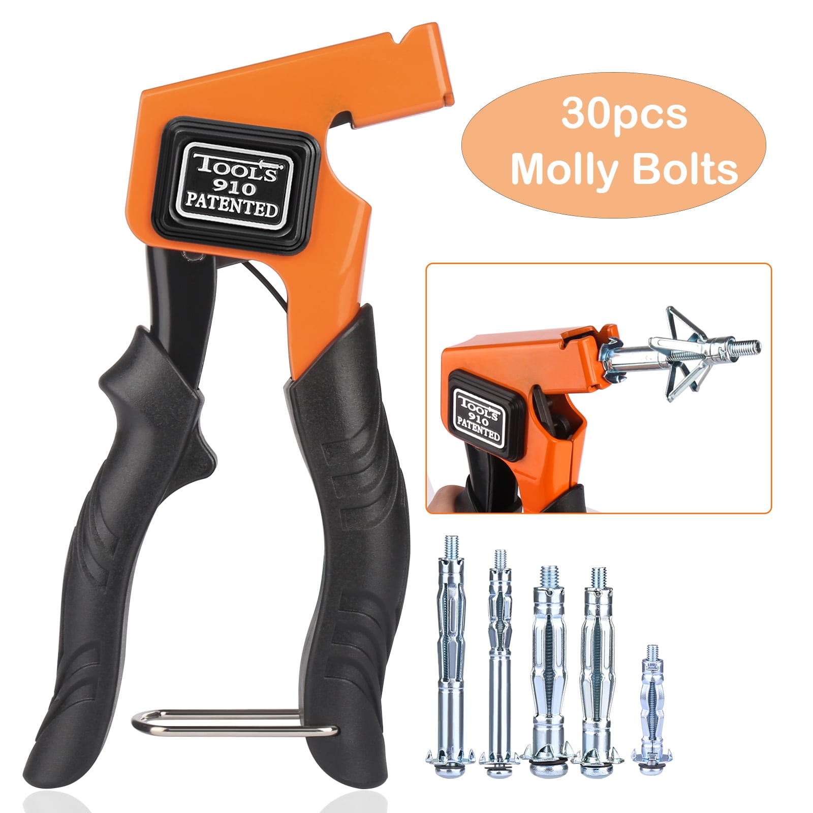 Molly Bolt Setting Tool, Hollow Wall Anchor for Drywall Plaster Sheetrock Hollow Wood Wall, Heavy Duty Metal Wall Anchors Setting Tool, 30pcs Molly Bolts in 5 Sizes