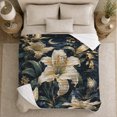 thumbnail image 5 of Moonlit Lily Garden Pattern with Ivory Flowers, Crescent Moon and Gold Leaves, Soft Flannel Blanket, Home Decor for Women, Bedroom and Living Room, Anniversary Gift, Nocturnal Botanical Art, 5 of 9