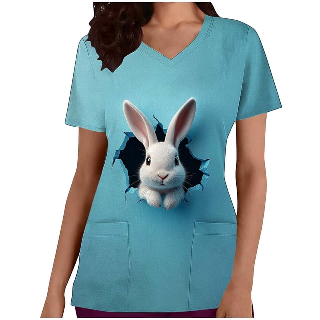 Tops Cortos para las Mujeres Estampado de Pascua Casual con Cuello en V Blusa con Bolsillo, Manga Corta de Uso Diario