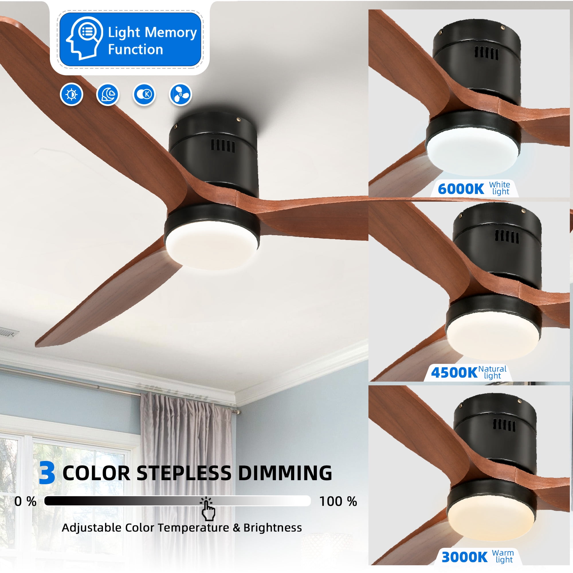 Uforic 52 Inch Low Profile Ceiling Fan with Lights Remote with Alexa, Flush Mount Ceiling Fan with 6 speeds - Black & Walnut