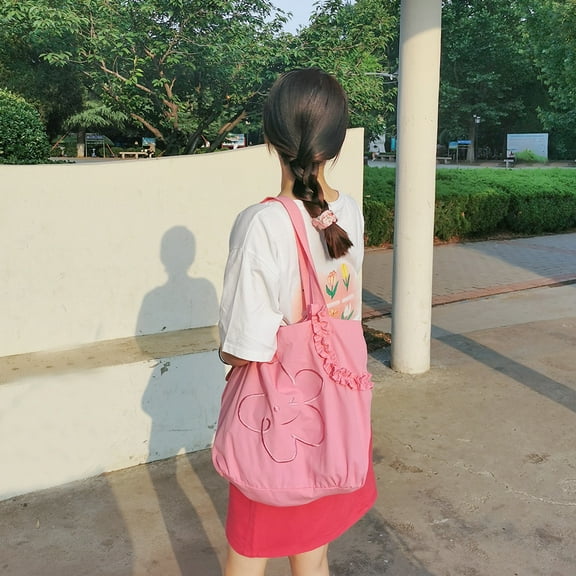 JennyShop Embroidered Smiley Face Canvas Bag Women's Tote Bag Pleated Lace Shoulder Tote Bag