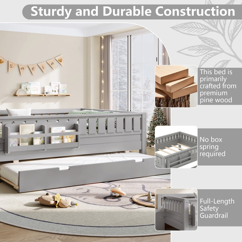 Full Size Low-Profile Kid's Platform Bed with Built-in Bookshelves & Small Staircase, Wooden Bed Frame with Safety Rails & Trundle