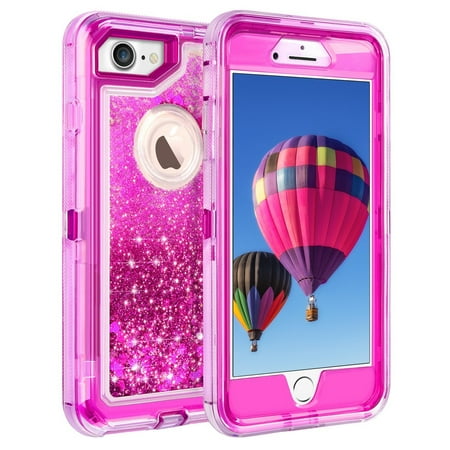 Apple IPhone 8 / IPhone 7 Tough Defender Sparkling Liquid Glitter Heart Case With Transparent Holster Clip Hot Pink