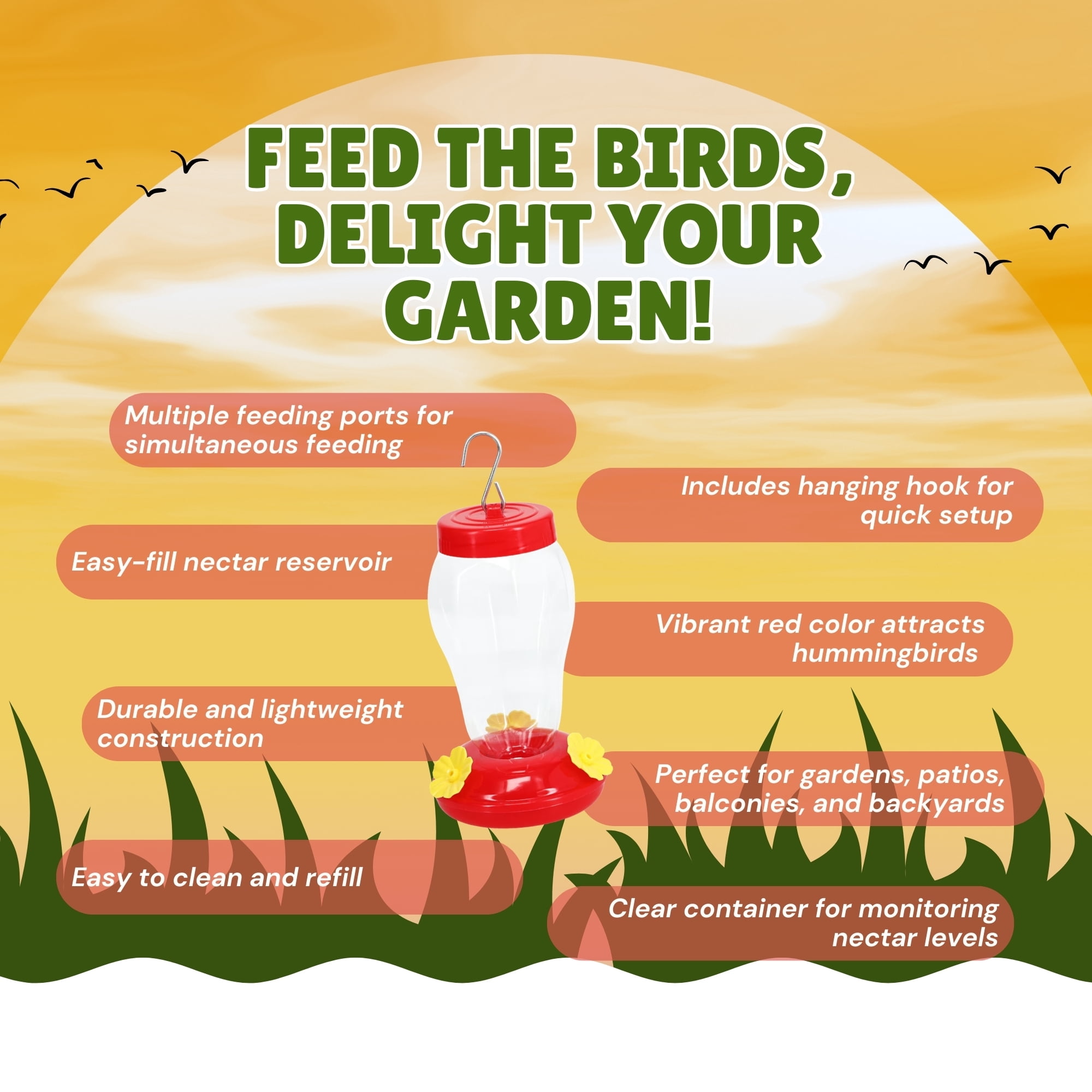 2-Pack Red Hummingbird Feeder with Hanging Hook, 7in. & Nectar Pack, Outdoor Plastic Bird Feeder with Multiple Feeding Ports Easy Fill Clear Reservoir for Garden Patio Balcony Backyard