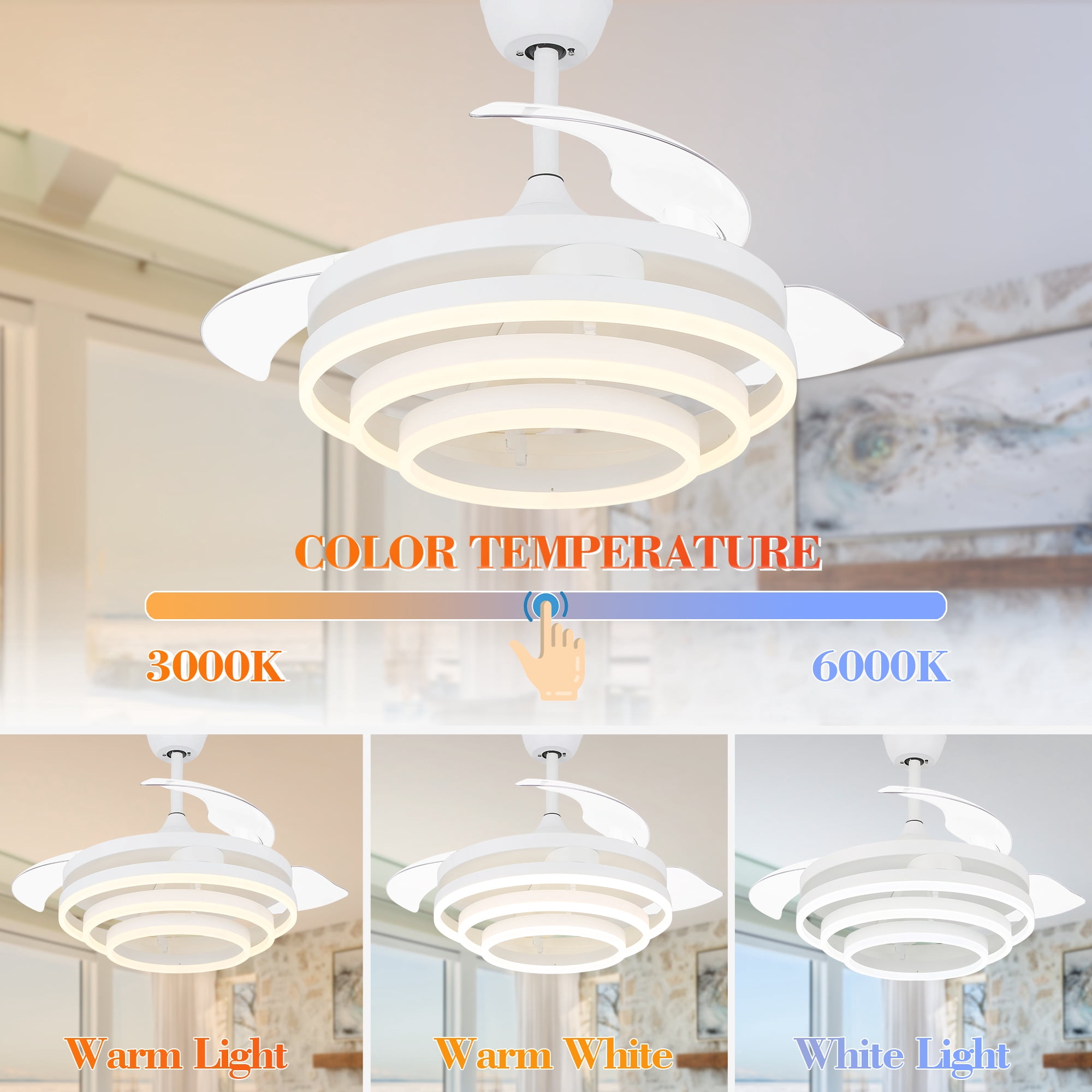 42" White Retractable Ceiling Fan with LED Light and Remote Control , DIY Shape Reversible Ceiling Fan with 6-Speeds