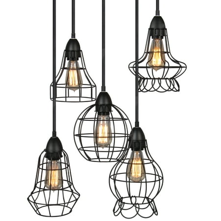 Best Choice Products 5-Light Industrial Steel Hanging Lighting Fixture with Pendant Cage Adjustable Cord Lengths, (Best Kitchen Lighting For High Ceilings)