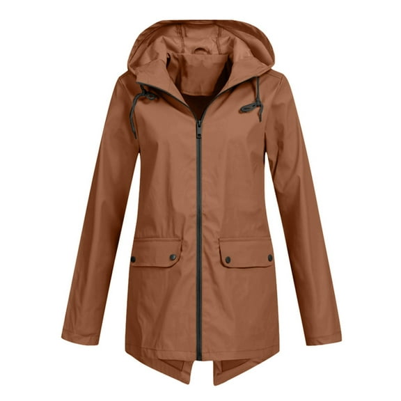 Women Waterproof Long Sleeves Zipper Hooded Long Light Raincoats Travel Hooded Trench Coats Coffee Color S