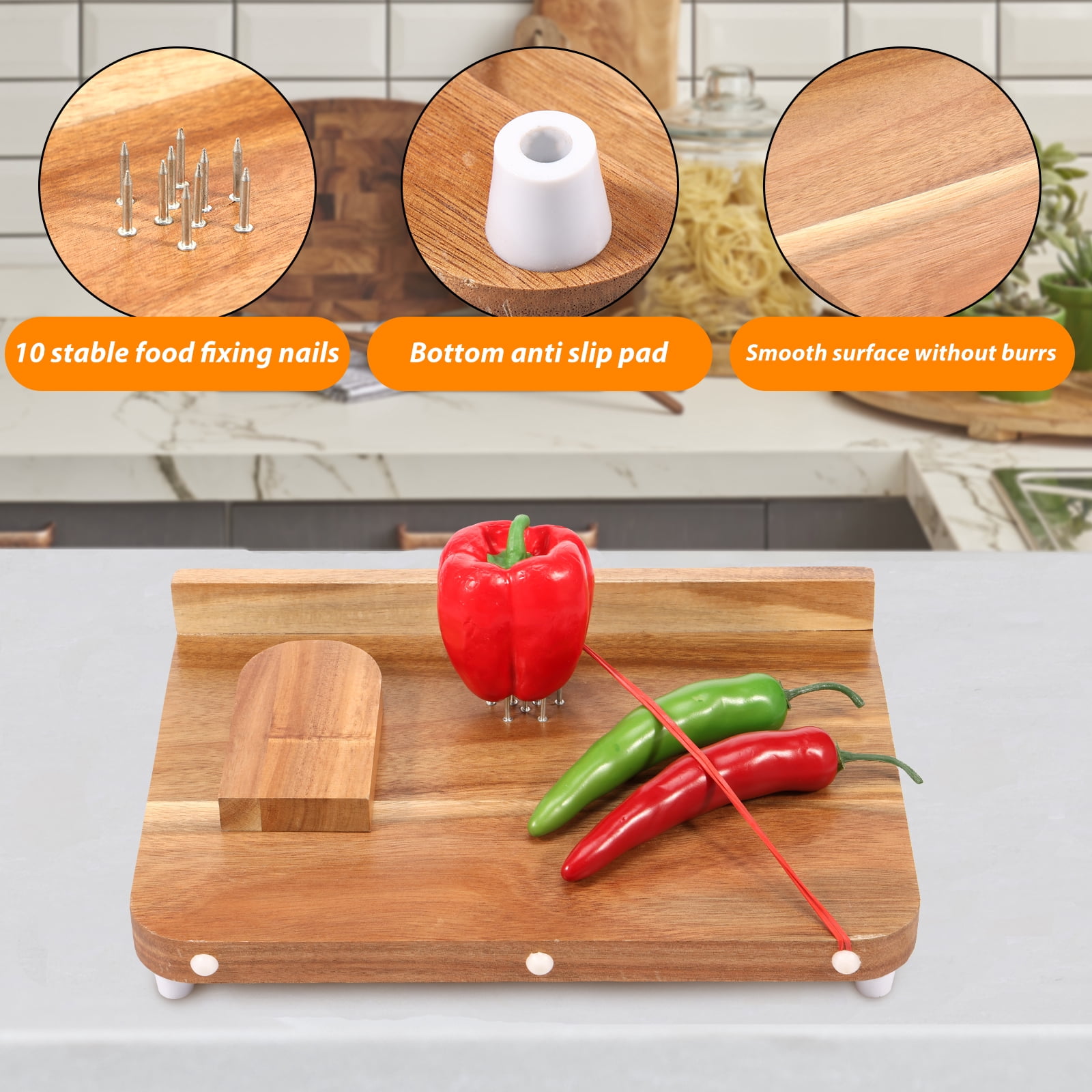 LINFANG Wooden Adaptive Cutting Board With Spike Smooth Surface Handicapped Kitchen Board With Anti Slip Bottom for Vegetable Fruit Meat