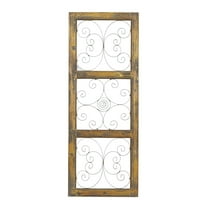 DecMode Brown Wood Scroll Distressed Panel Home Wall Decor with Bronze Metal Scrollwork, 14" x 1" x 36"