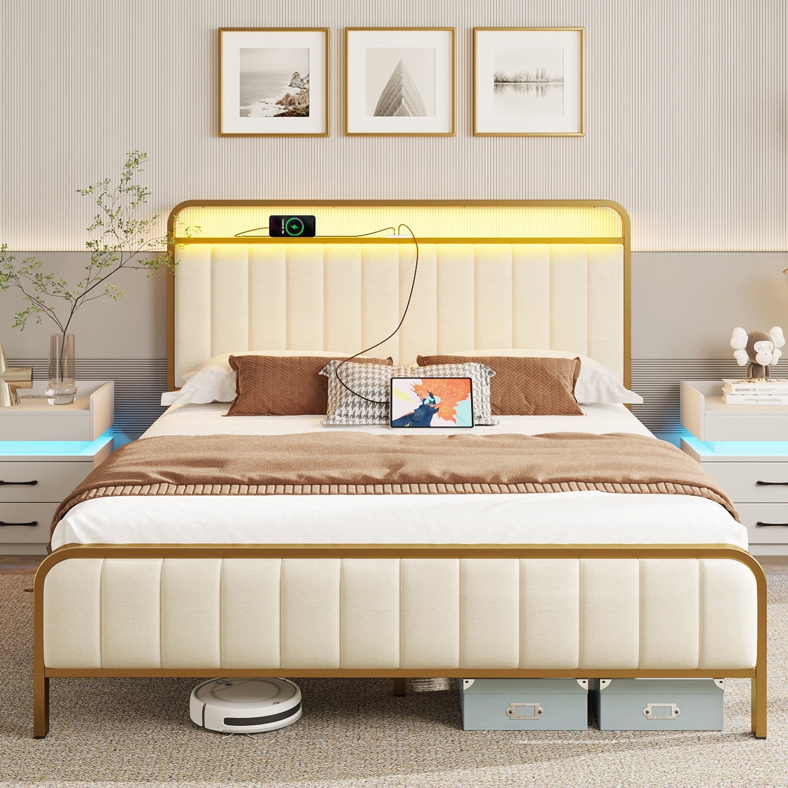 Rolanstar Bed Frame Queen Size with Charging Station and LED Lights